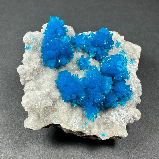 Vibrant blue cavansite crystals on white stilbite matrix Maharashtra specimen