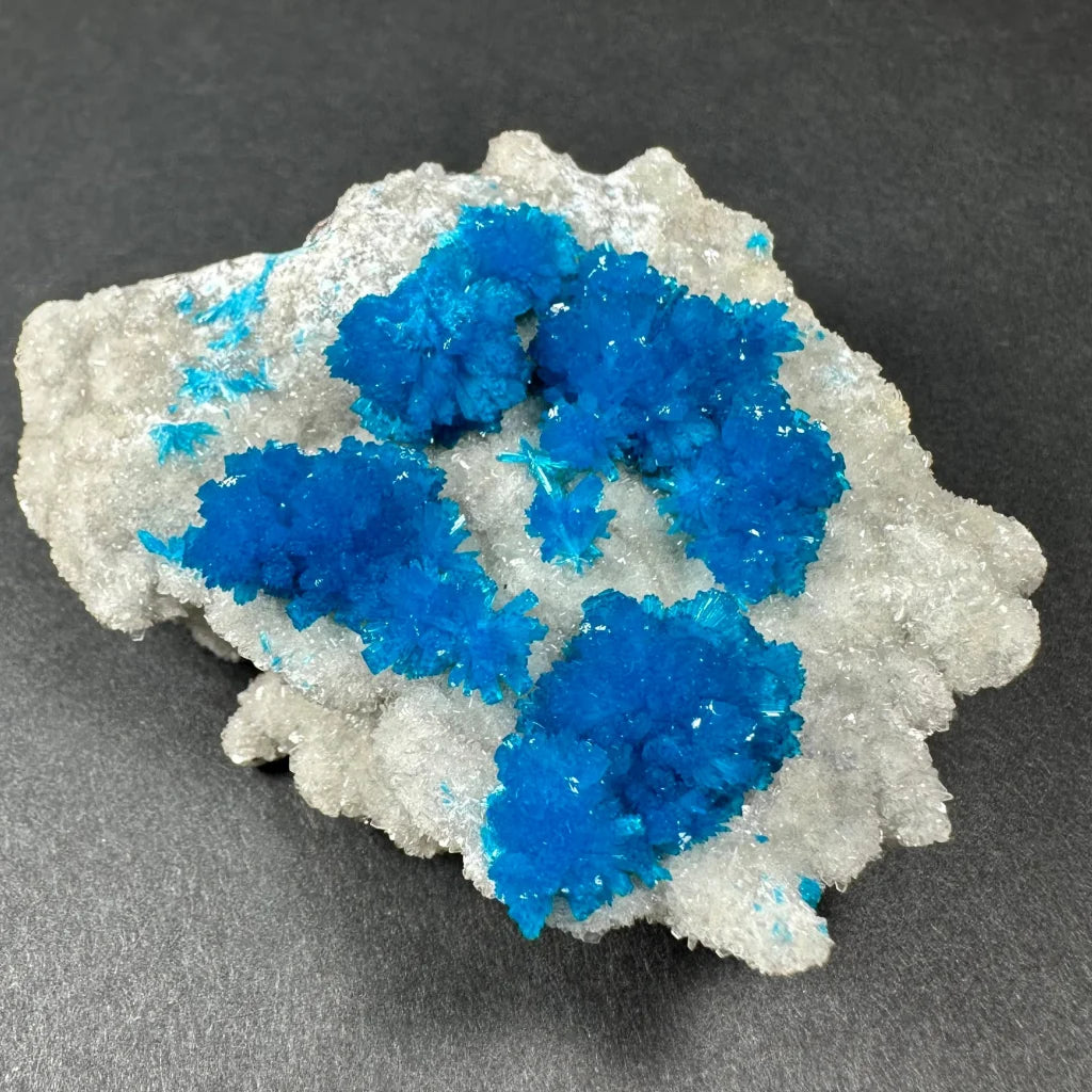 Vibrant blue copper sulfate crystals on white stilbite matrix Maharashtra specimen