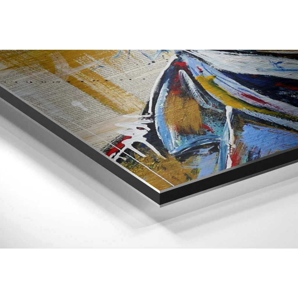 Glass Wall Art Abstract Charlie Chaplin art on brushed aluminium dibond with bold blue, gold, red strokes