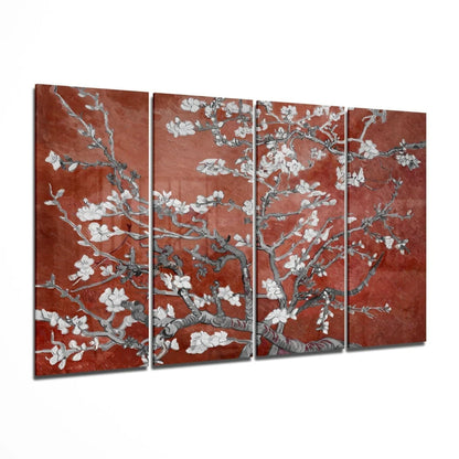 Stunning cherry blossom wall art: four-panel canvas with white blooms on dark branches over rust-red texture