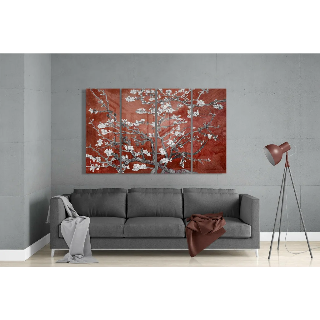 Red and white cherry blossom wall art on gray wall above sofa