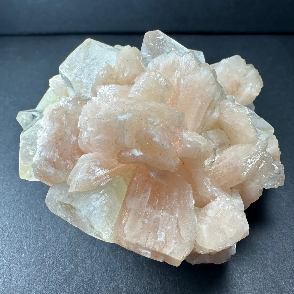 Stunning clear apophyllite and peach stilbite crystal cluster