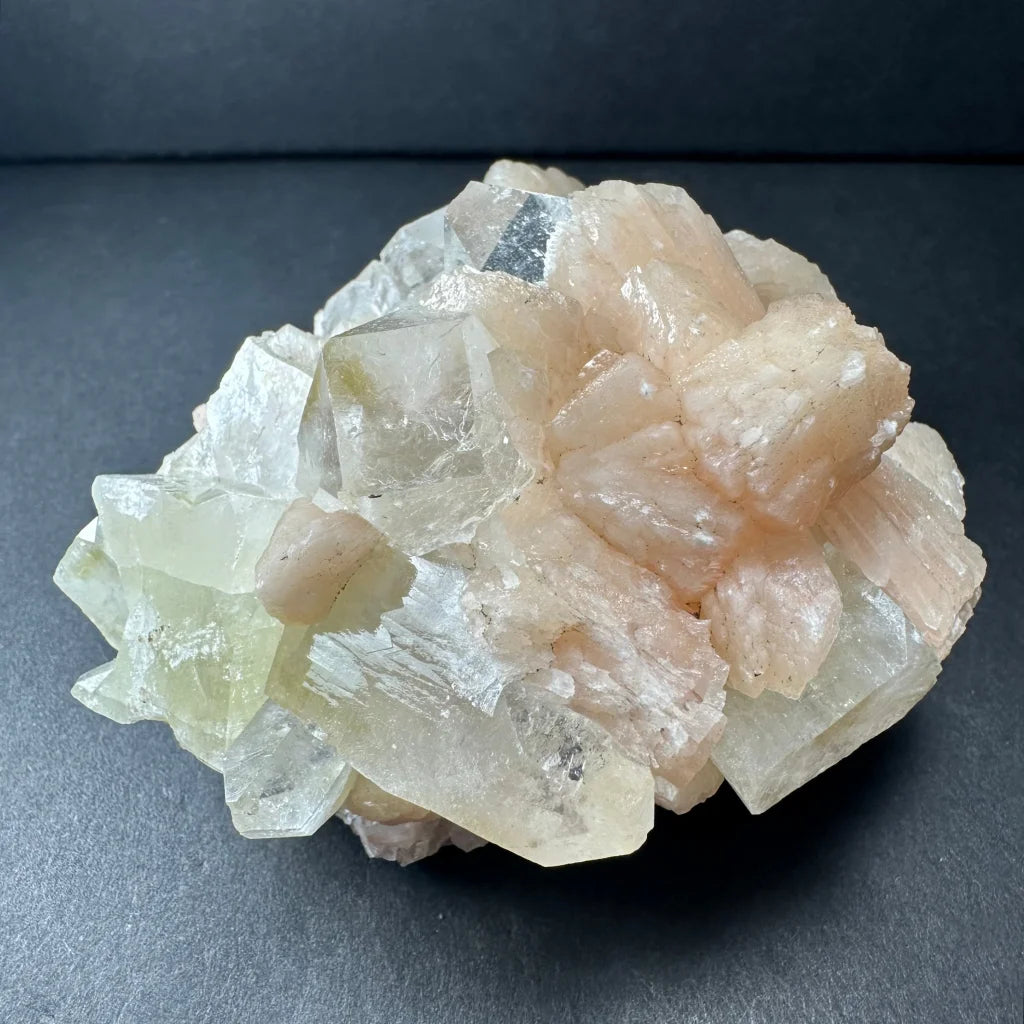 Stunning clear apophyllite and peach stilbite crystal cluster