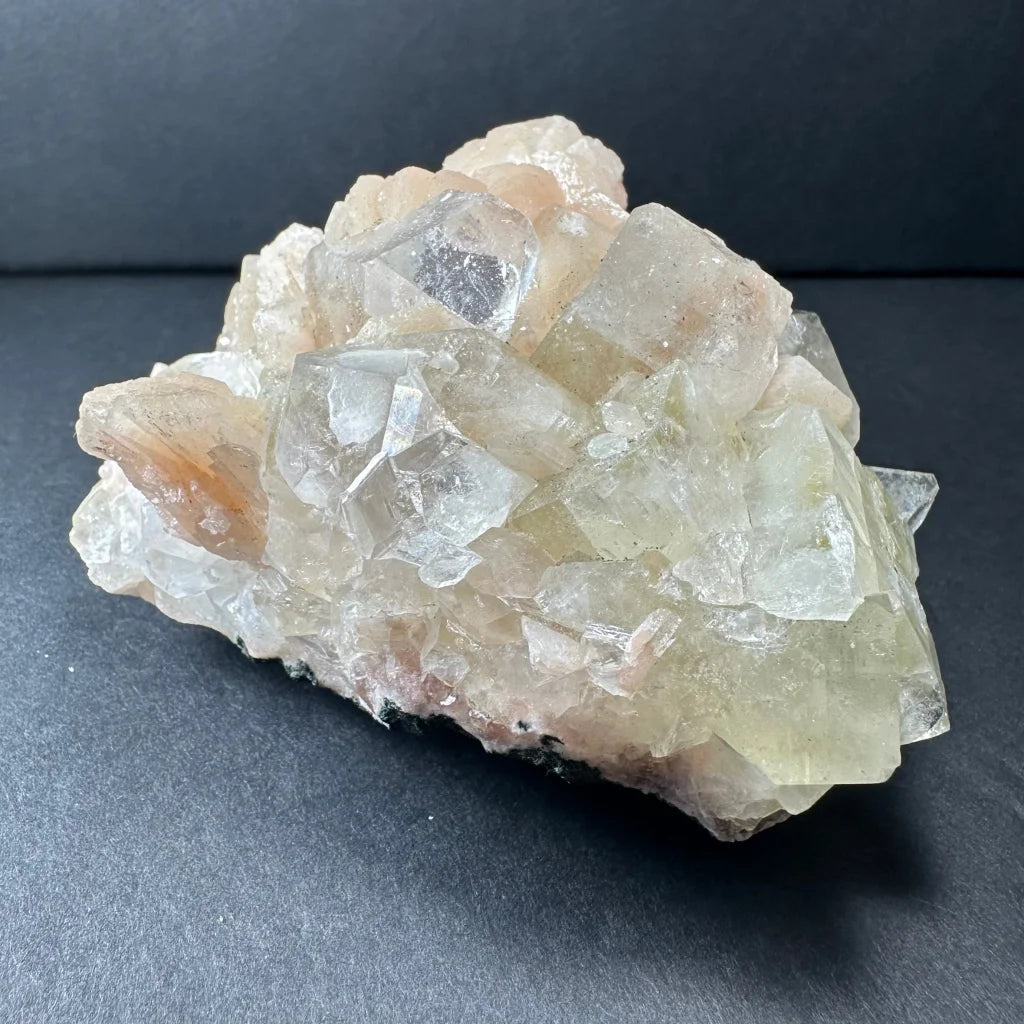 Stunning clear apophyllite and peach stilbite crystal cluster