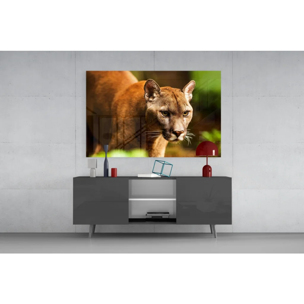 Stunning cougar canvas wall art with piercing golden eyes close-up