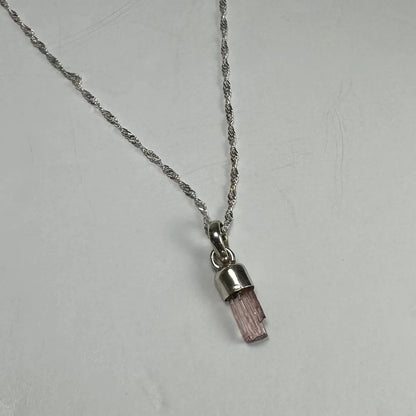 Delicate silver twisted chain necklace with natural pink tourmaline pendant