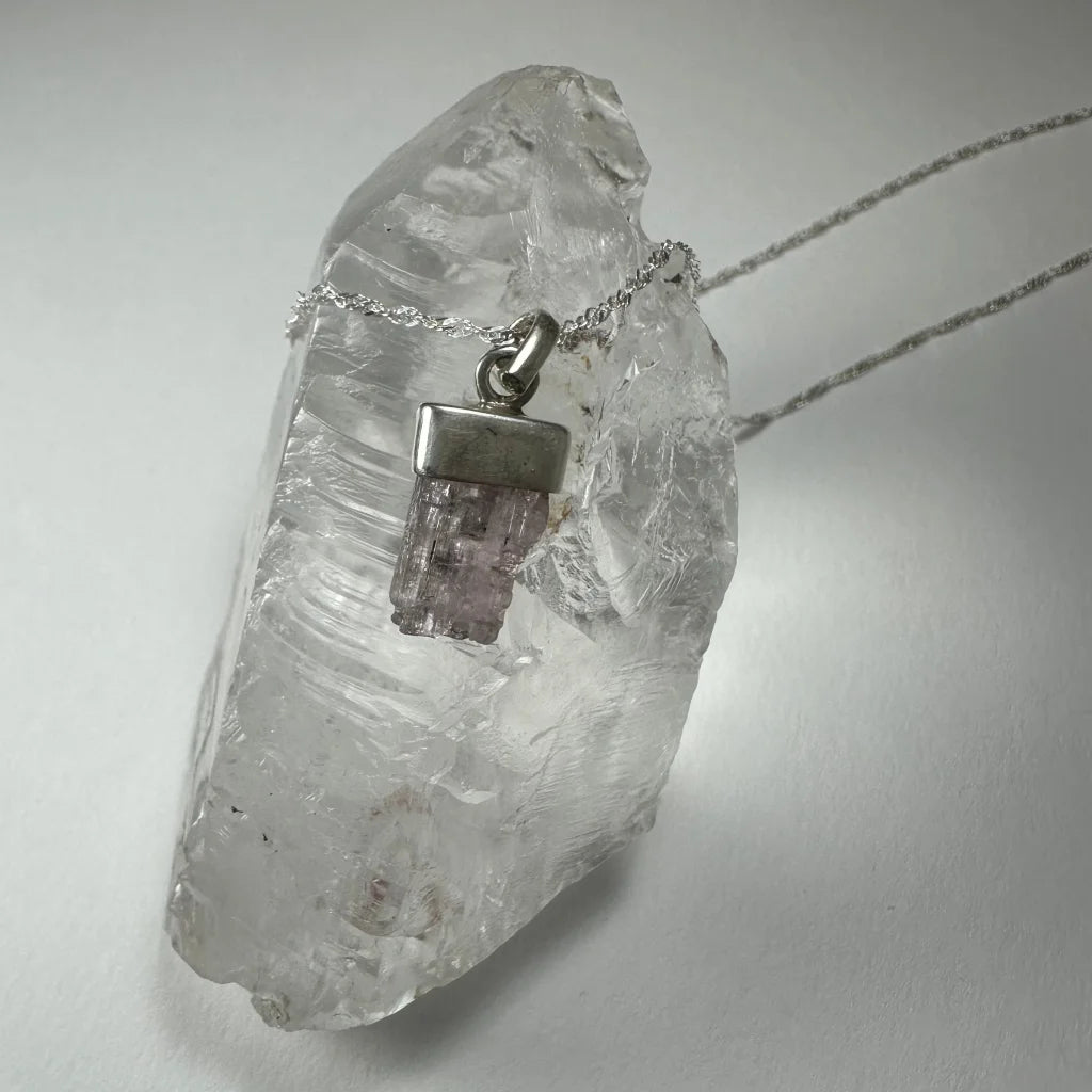 Silver purple tourmaline pendant necklace with natural gemstone