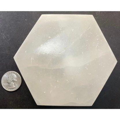 Stunning hexagonal selenite crystal tray with cloudy veining