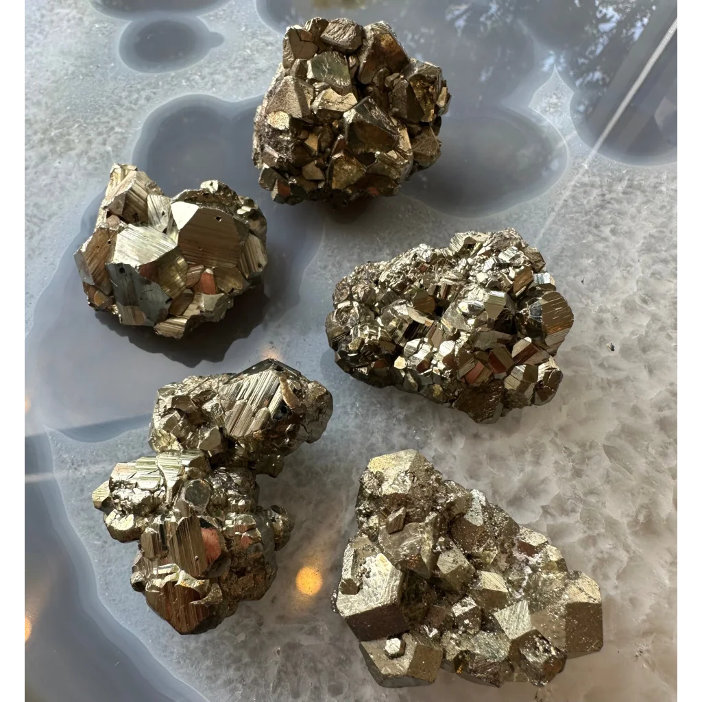 Stunning cubic pyrite cluster with golden metallic crystals