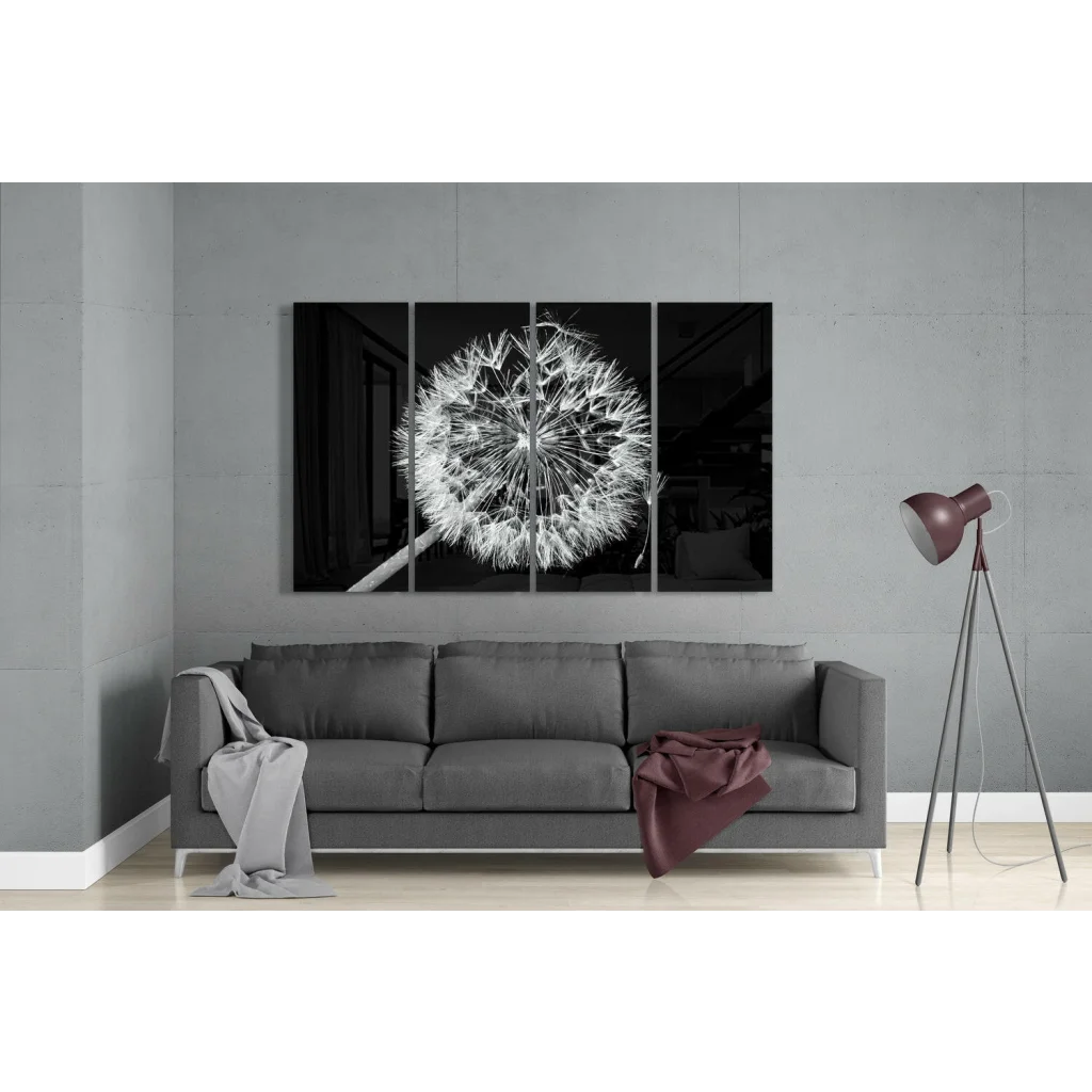 Black-and-white dandelion seed head glass wall art triptych
