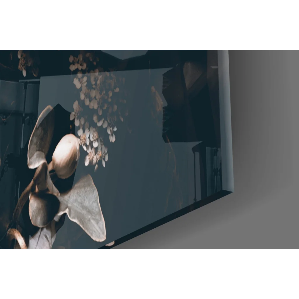 Stunning dark floral glass wall art with black piano motif