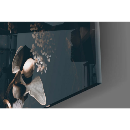 Stunning dark floral glass wall art with black piano motif