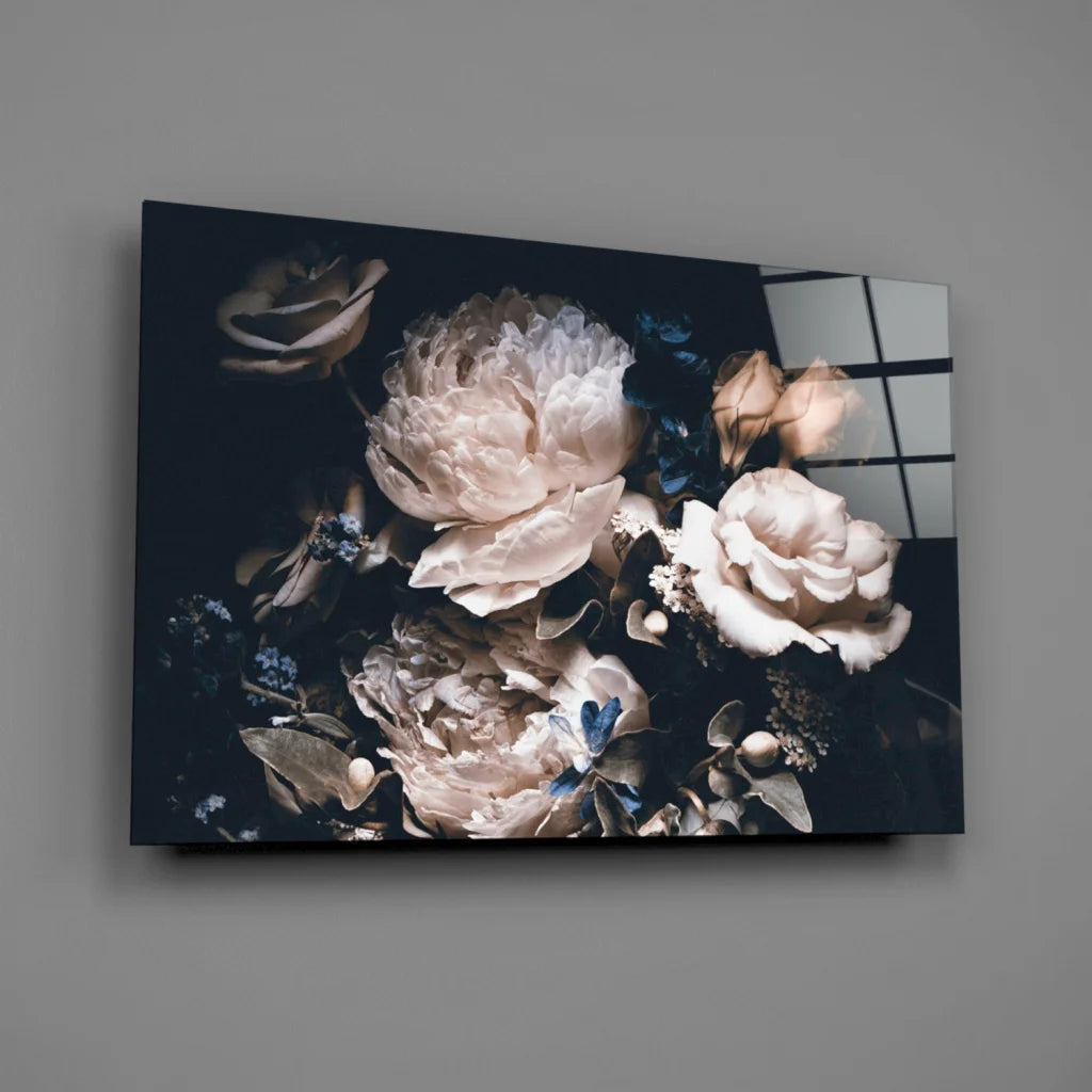 Stunning black floral canvas wall art with white pink flowers on dark background