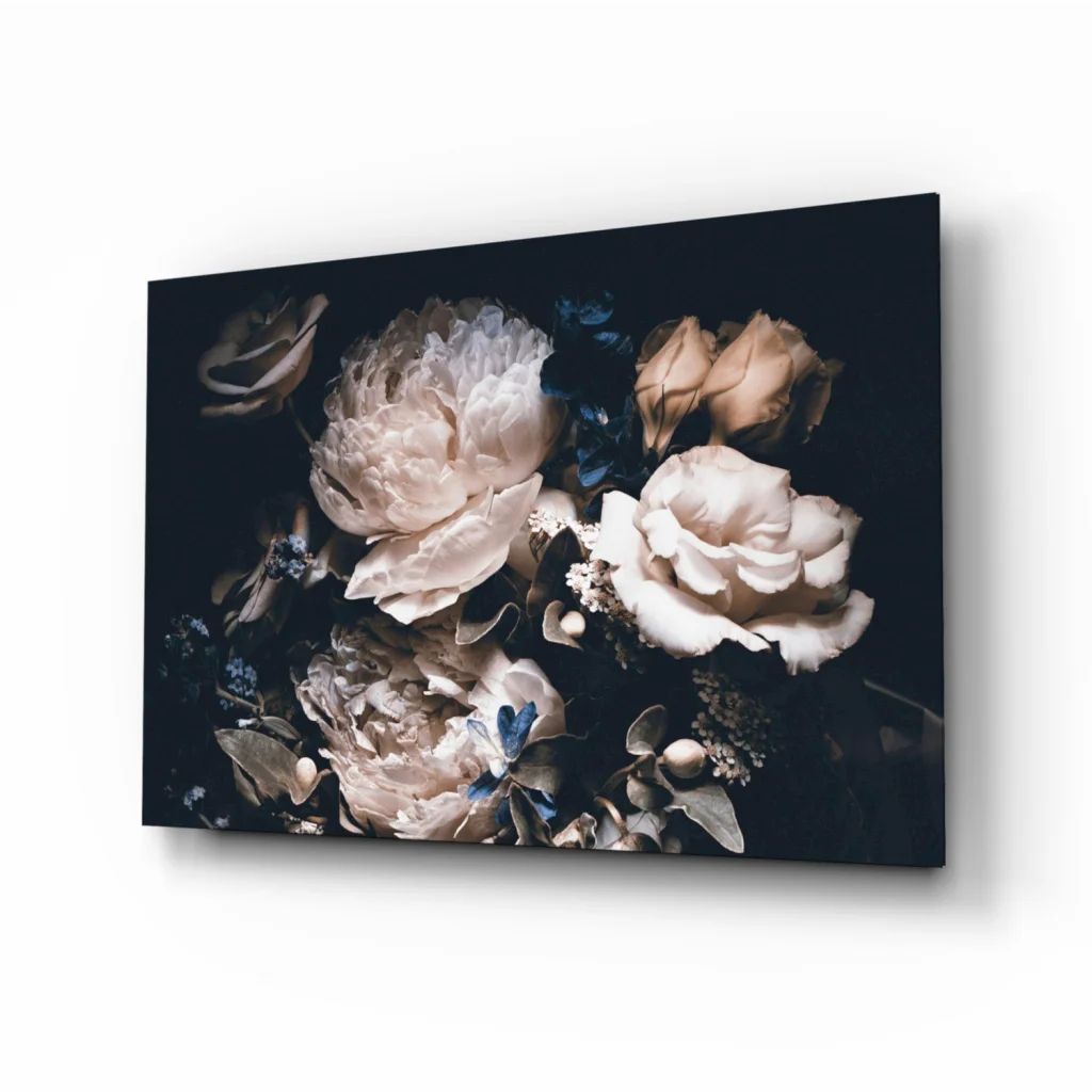 Stunning muted pastel dried flowers canvas wall art on dark background