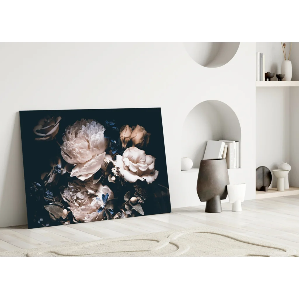 Stunning dark floral canvas wall art with muted pastel flowers