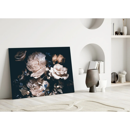 Stunning dark floral canvas wall art with muted pastel flowers