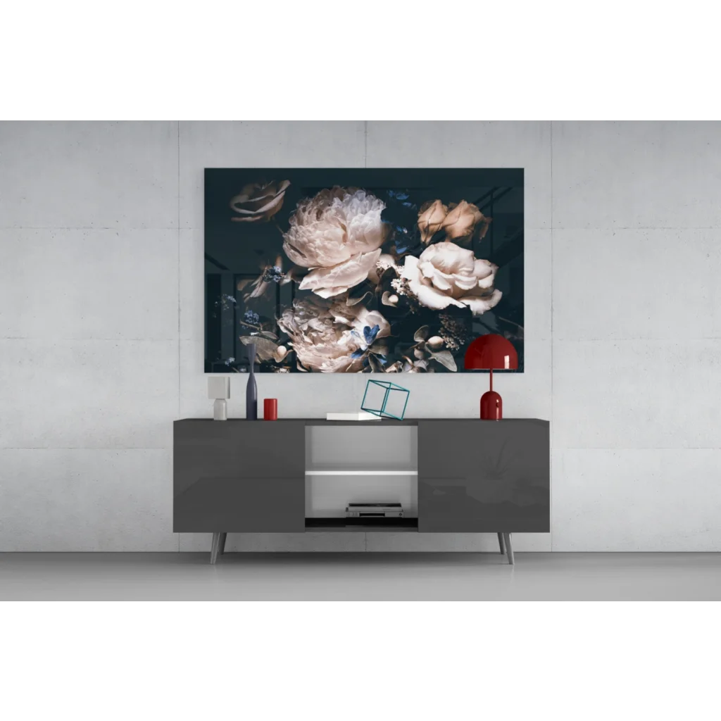 Stunning dark floral Samsung QLED TV wall art with muted pastels