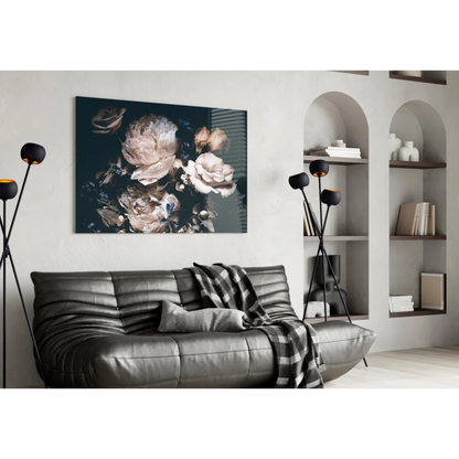 Stunning dark floral wall art on black leather sofa with plaid throw