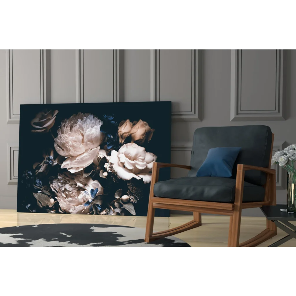 Black floral canvas wall art with gold accents and muted pastels