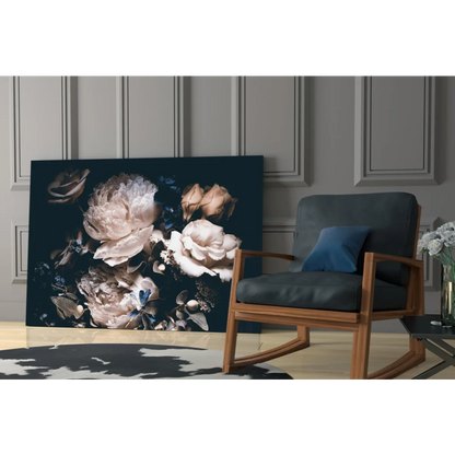 Black floral canvas wall art with gold accents and muted pastels