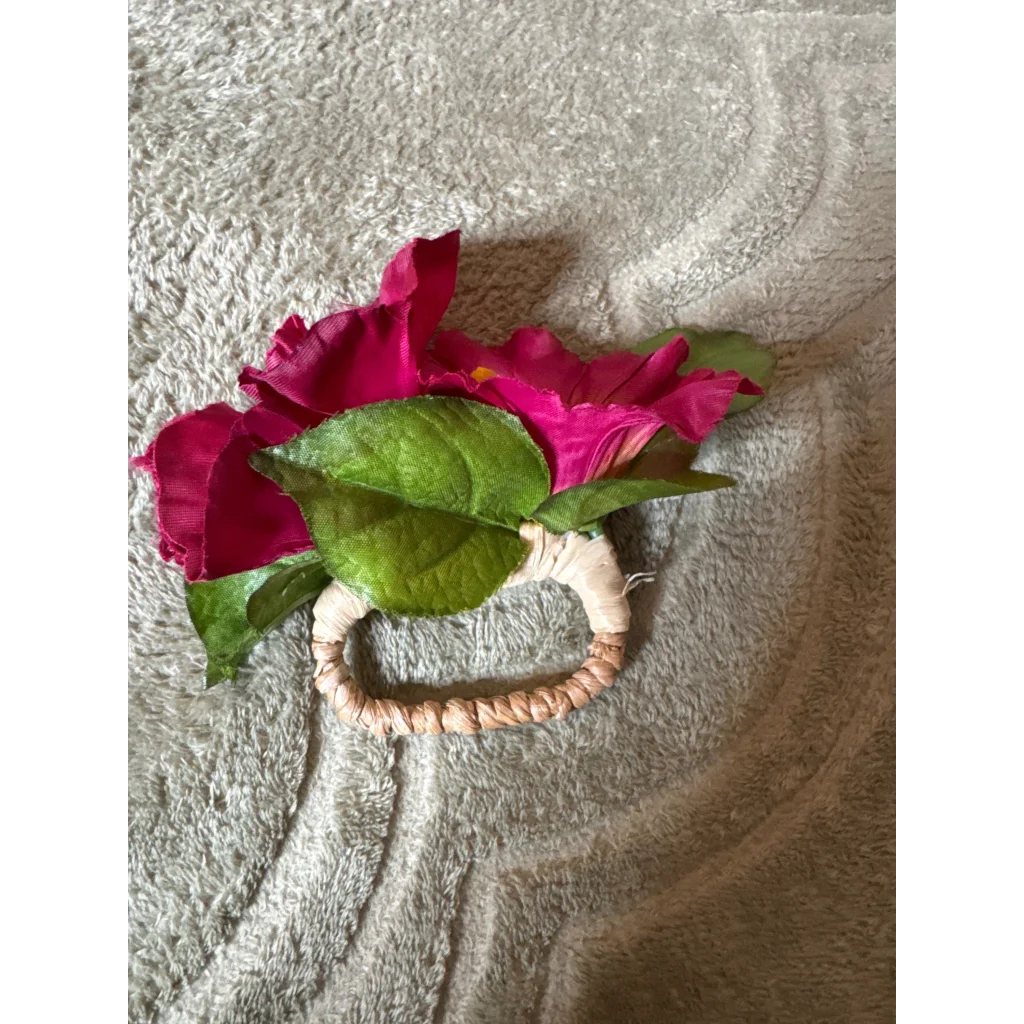 Beautiful Deborah Rhodes Flower napkin holder with pink petals and green leaves