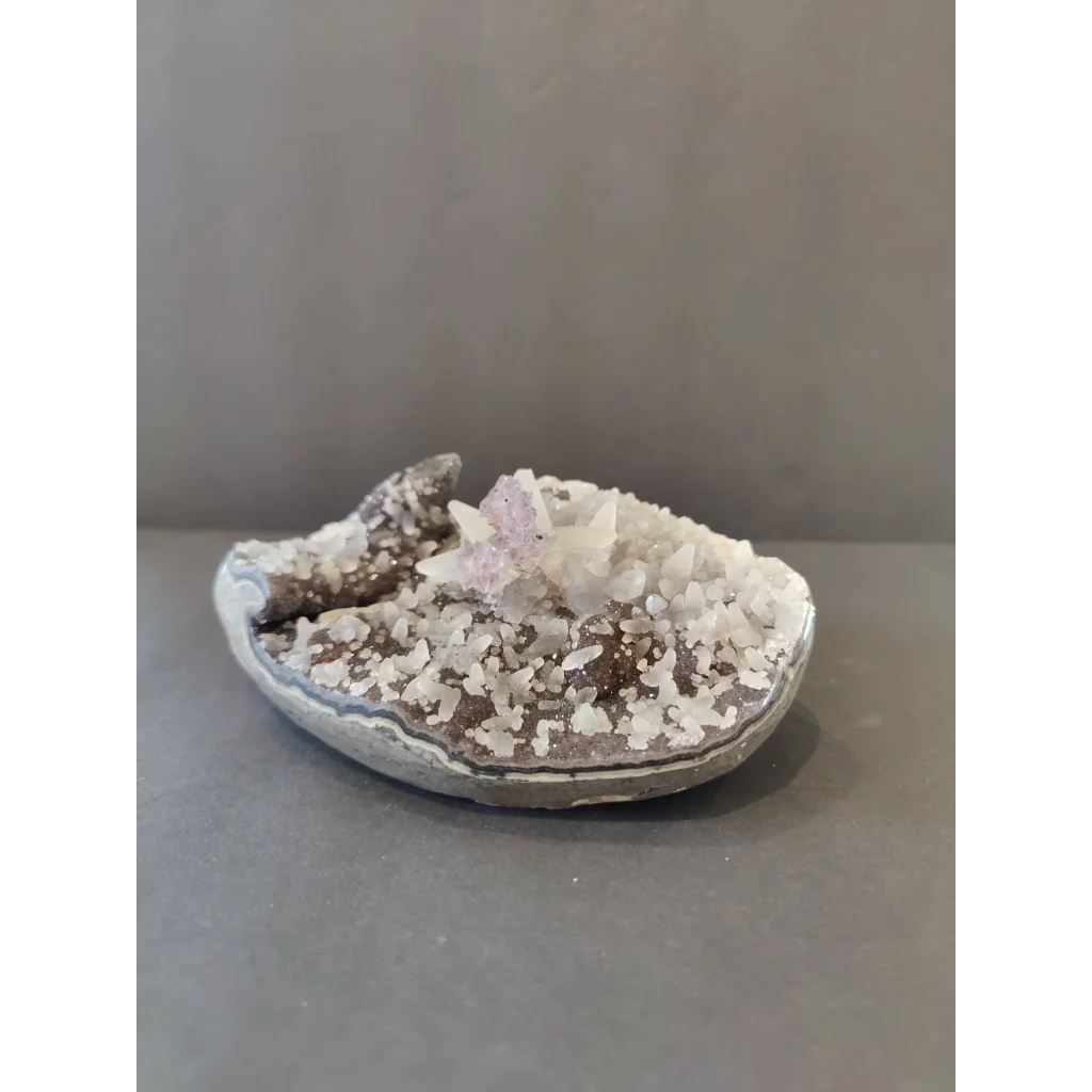 Stunning dogtooth calcite inclusions geode sculpture with sparkling quartz crystals