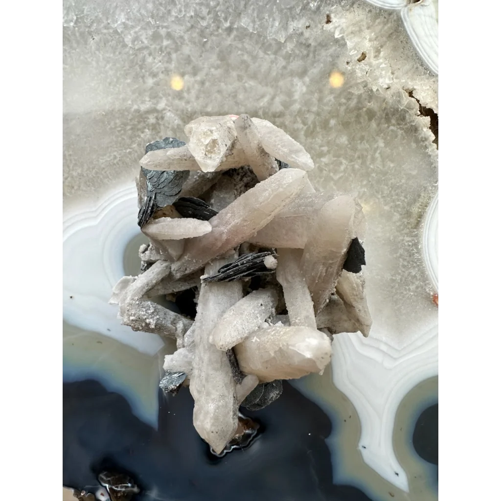 Stunning dogtooth calcite with mica flakes on quartz agate slab