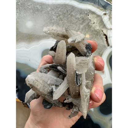 Hand holding dogtooth calcite with mica flakes and quartz crystals