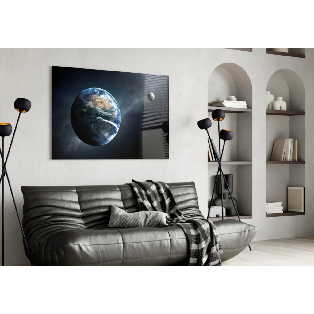 Stunning Earth canvas glass wall art over black leather sofa with plaid throw