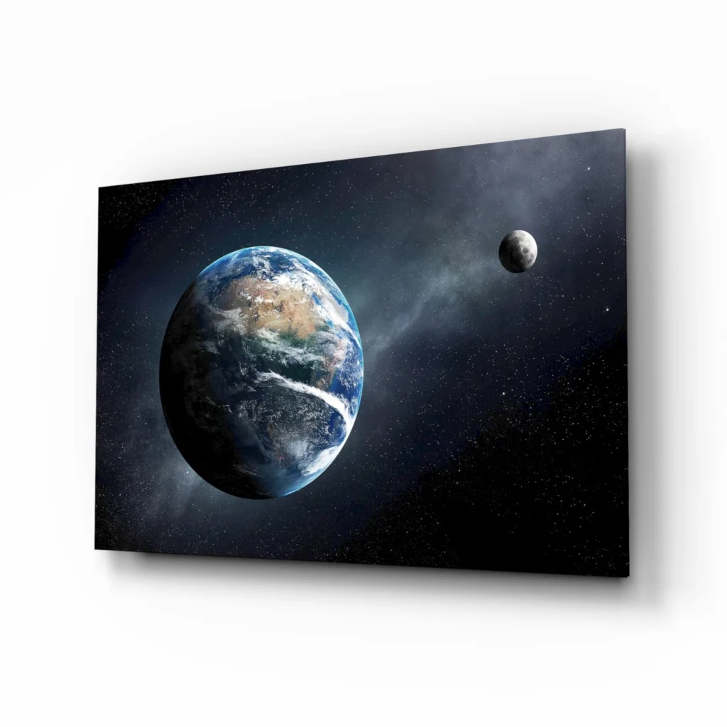 Stunning Earth glass wall art of planet and moon in starry sky