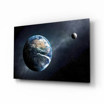 Stunning Earth glass wall art of planet and moon in starry sky