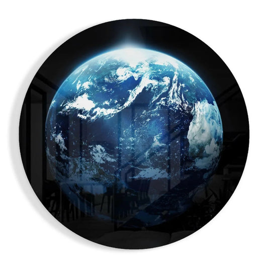 Vivid blue Earth glass art on tempered glass, swirling clouds, dark background
