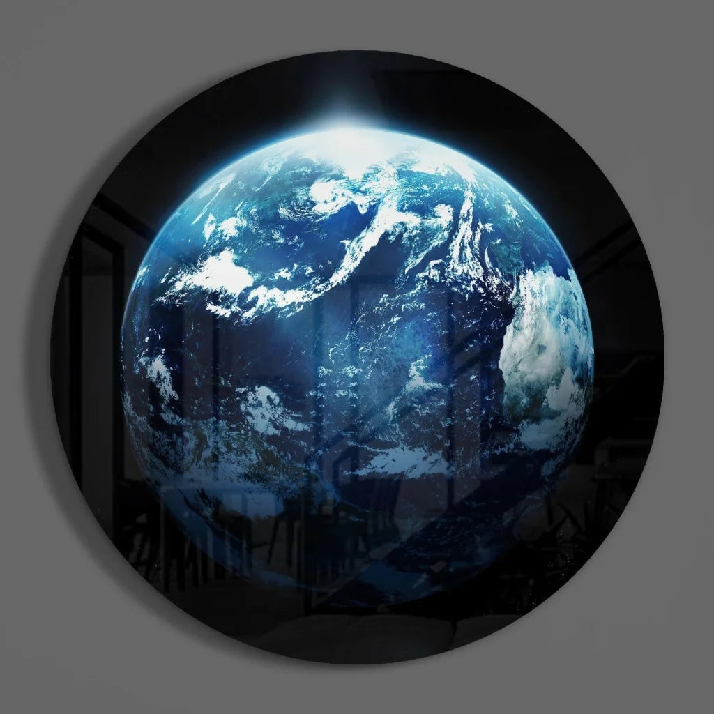 Vivid blue Earth glass art on tempered glass wall panel