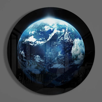 Vivid blue Earth glass art on tempered glass wall panel