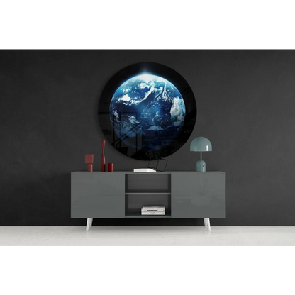 Stunning blue and white Earth glass art on tempered glass wall