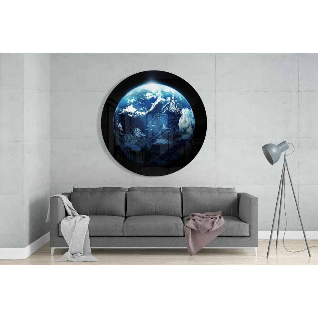 Stunning Earth tempered glass wall art with blue oceans and clouds