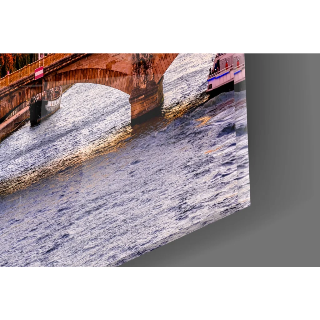 Stunning Eiffel Tower sunset stone arch bridge with red railings and white boat wall art