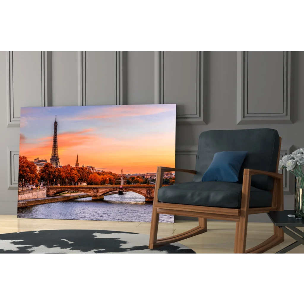 Vibrant Eiffel Tower sunset canvas wall art with Parisian bridges