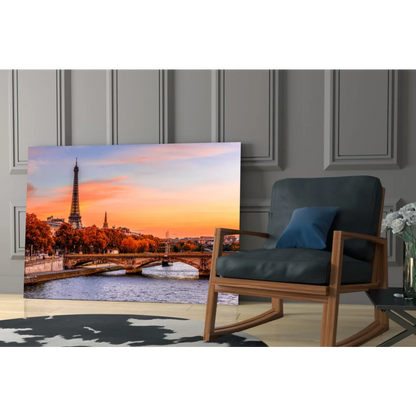 Vibrant Eiffel Tower sunset canvas wall art with Parisian bridges