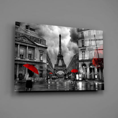 Stunning Eiffel Tower glass wall art with bold red accents