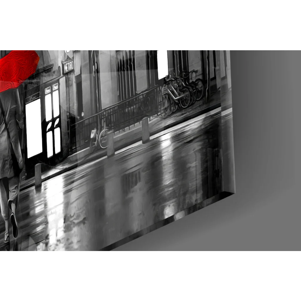 Red umbrella with black handle on Eiffel Tower glass wall art