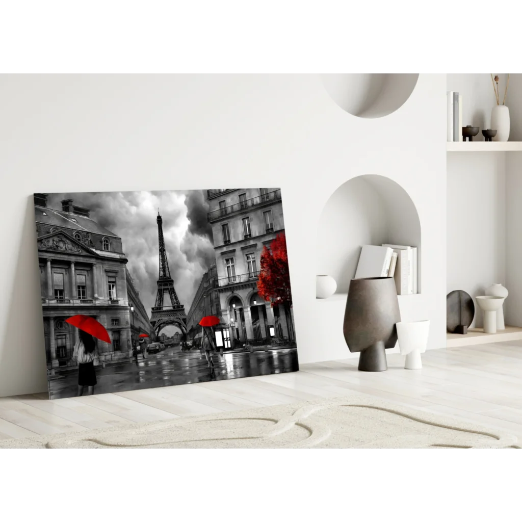 Stunning black and white Eiffel Tower wall art with bold red accents