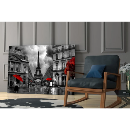 Black and white Eiffel Tower wall art with red accents, Parisian street scene