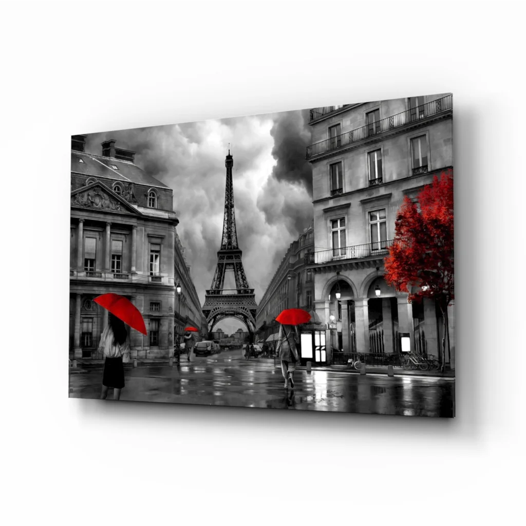 Stunning Eiffel Tower wall art canvas print with bold red accents