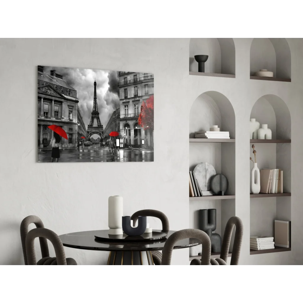 Stunning Eiffel Tower glass wall art with bold red umbrella accents