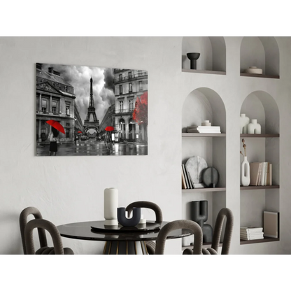 Stunning Eiffel Tower glass wall art with bold red umbrella accents