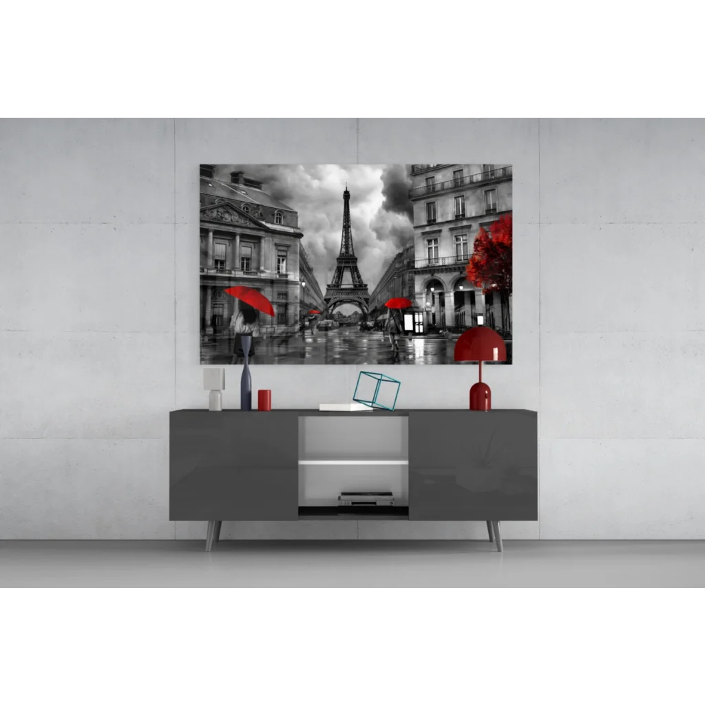 Black and white Parisian Eiffel Tower wall art with bold red accents