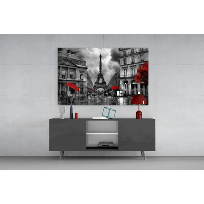 Black and white Parisian Eiffel Tower wall art with bold red accents