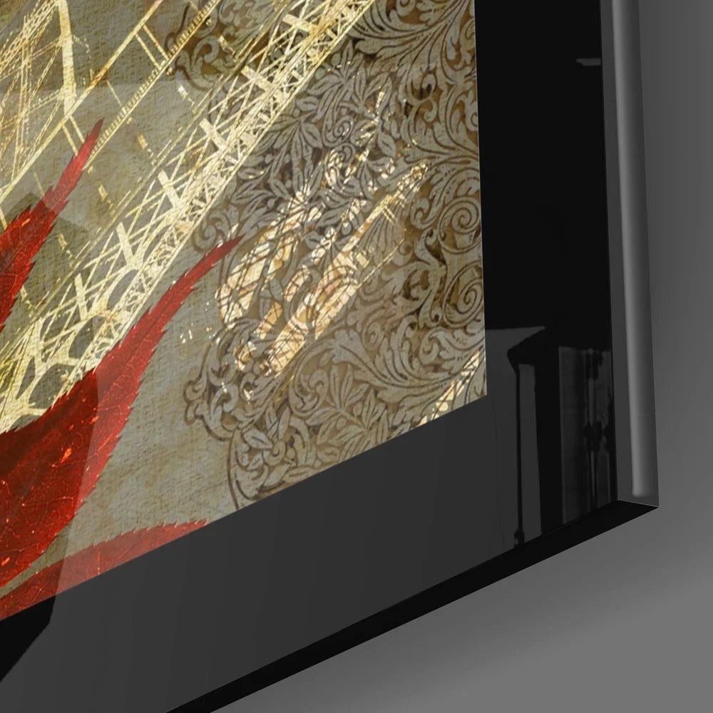 Stylized golden Eiffel Tower wall art with floral patterns and red accents