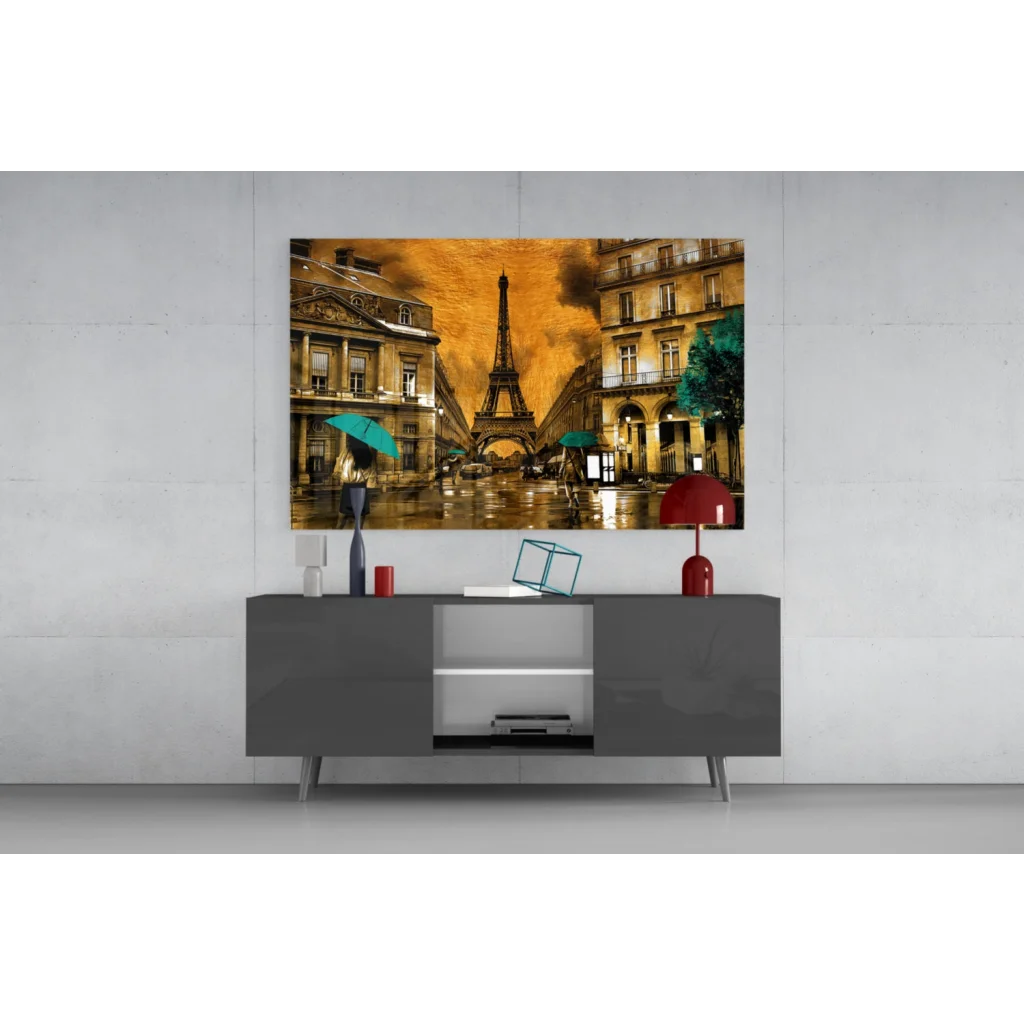 Vibrant Eiffel Tower glass wall art with Parisian charm